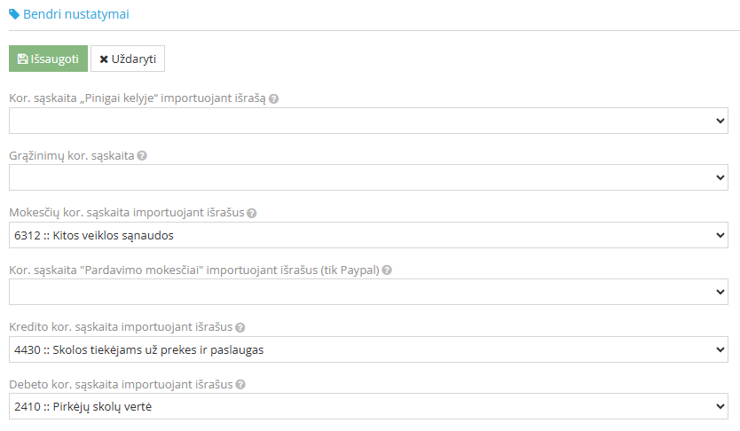Duomenų mainų nustatymų langas su Shopify integracija